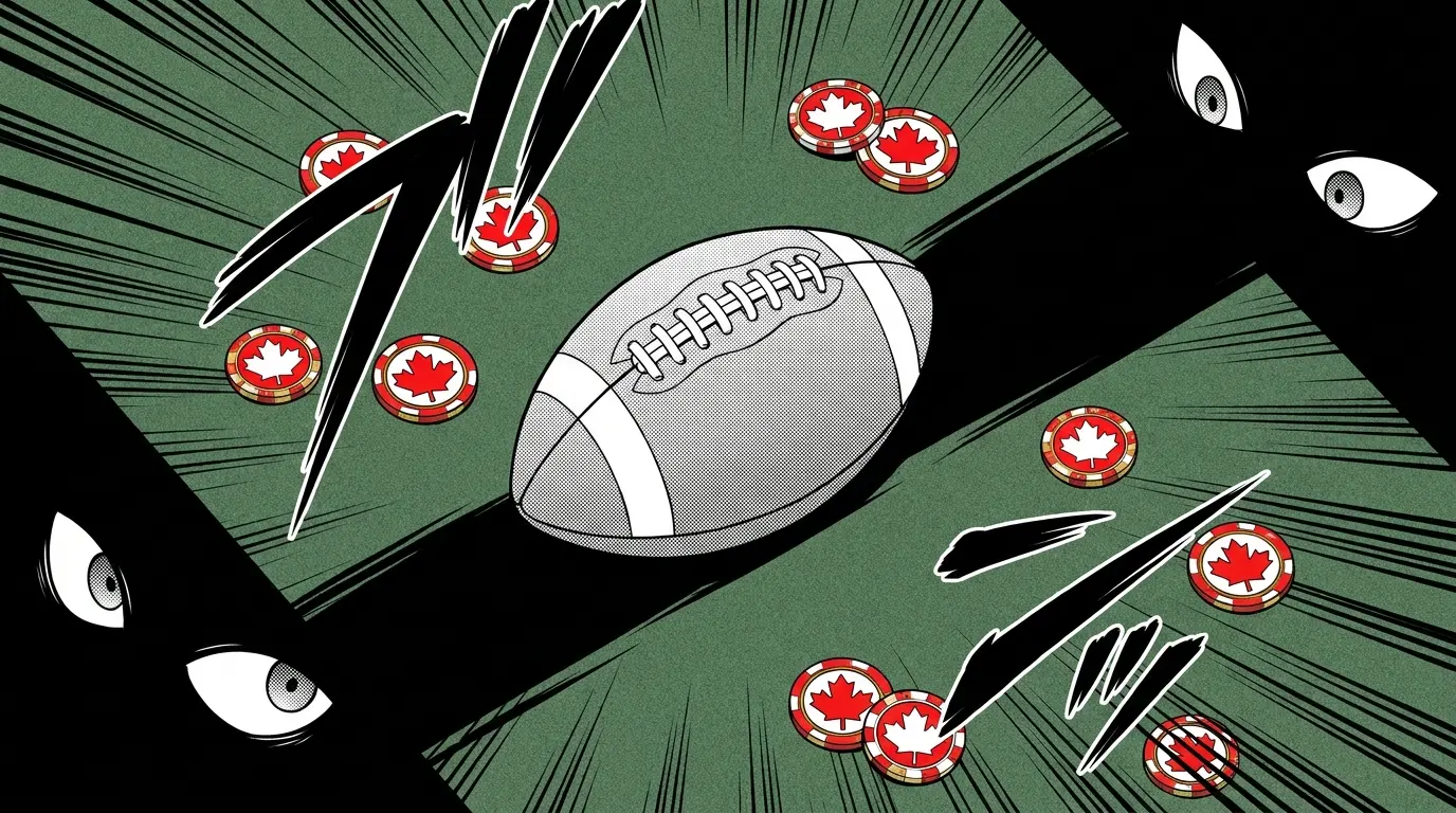 Football with Canadian themed casino chips on green felt table