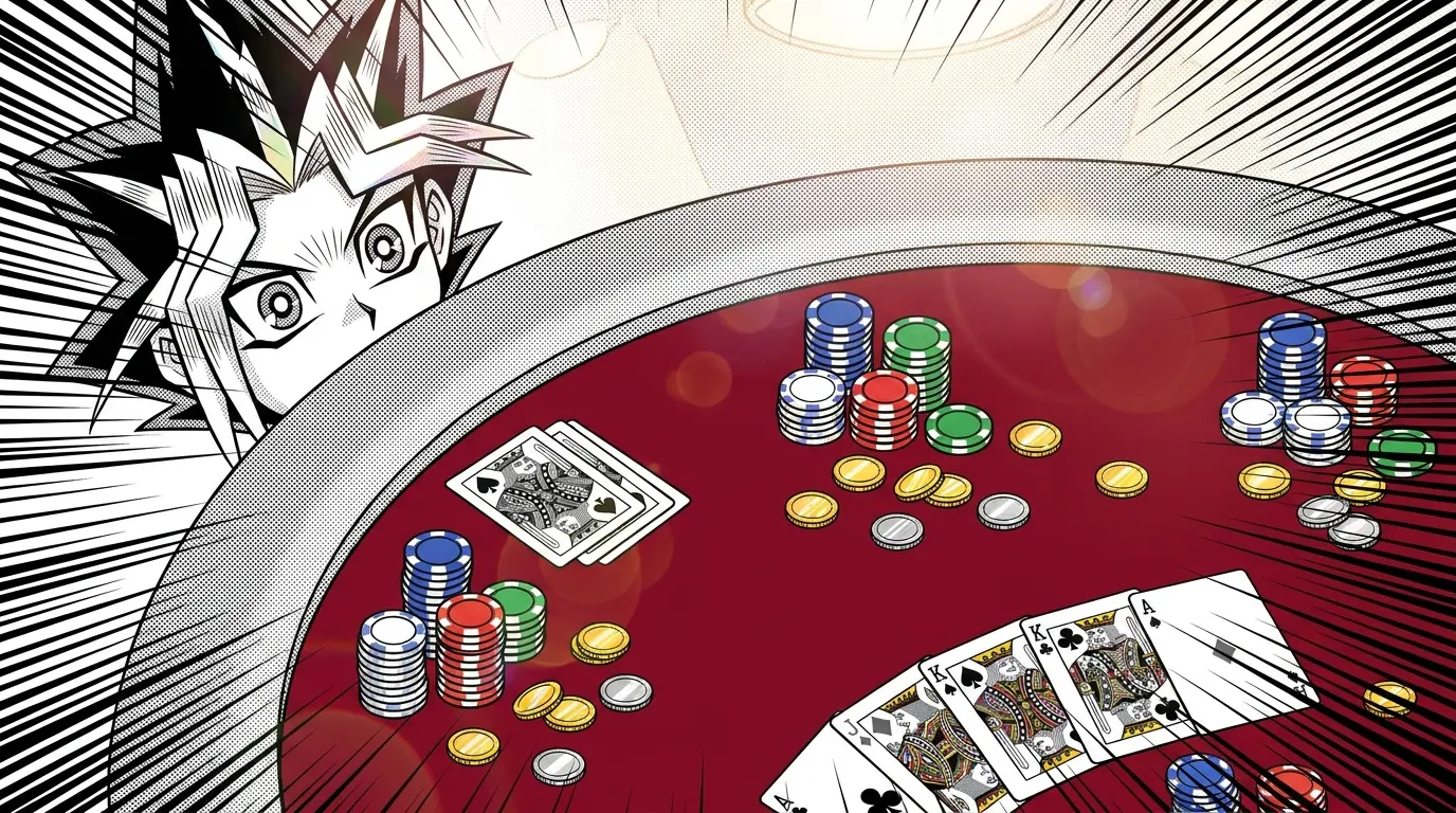 Generous stacks of poker chips and cards on casino table