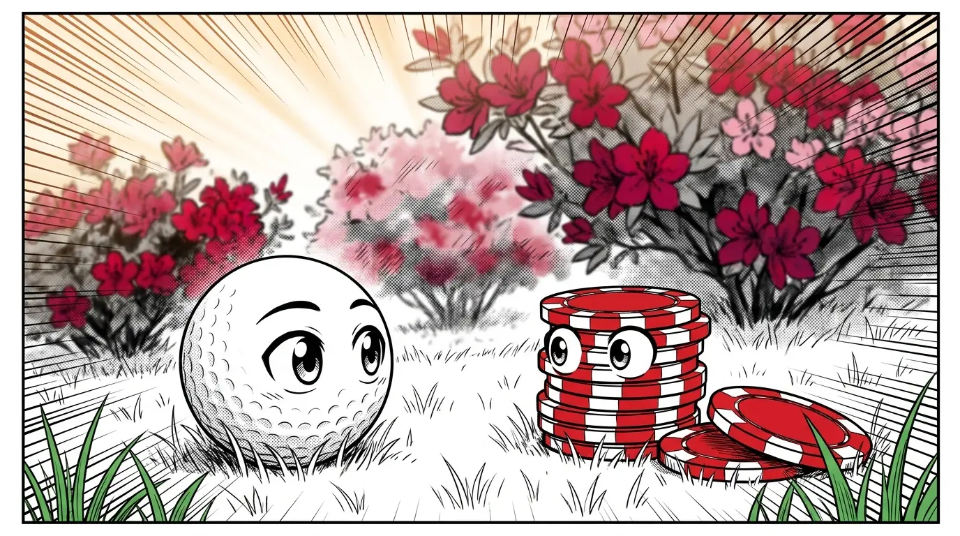 Golf ball with casino chips on green grass and spring flowers