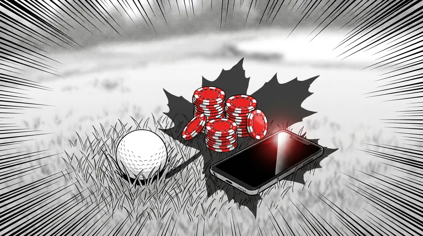 Golf ball with betting chips and phone on course with Canadian maple leaf shadow