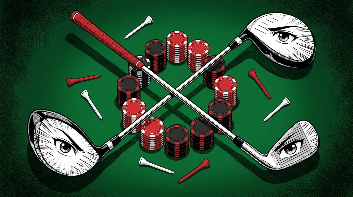 Golf clubs and poker chips arranged on green felt