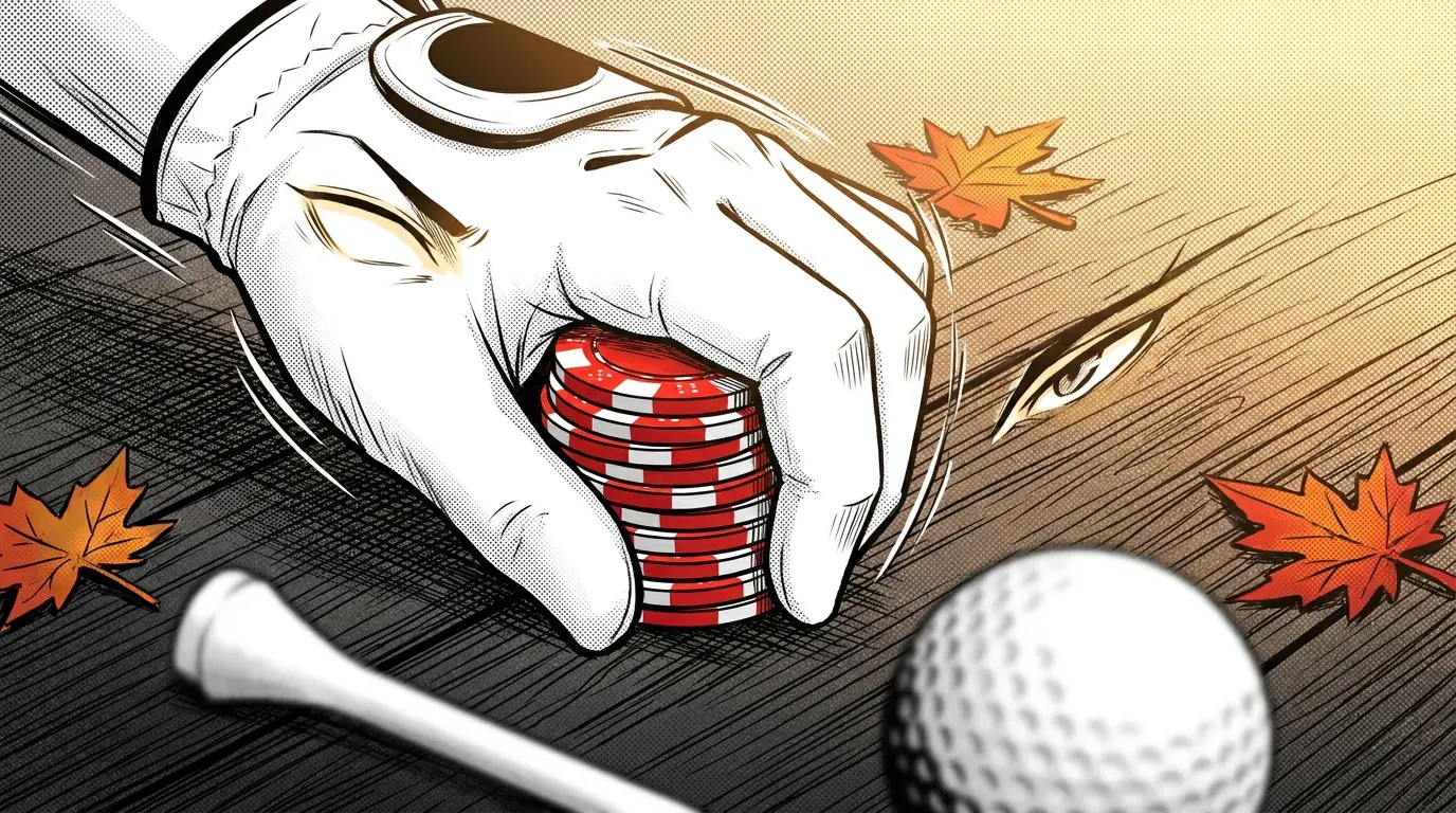 Golf glove with casino chips and maple leaves overhead view