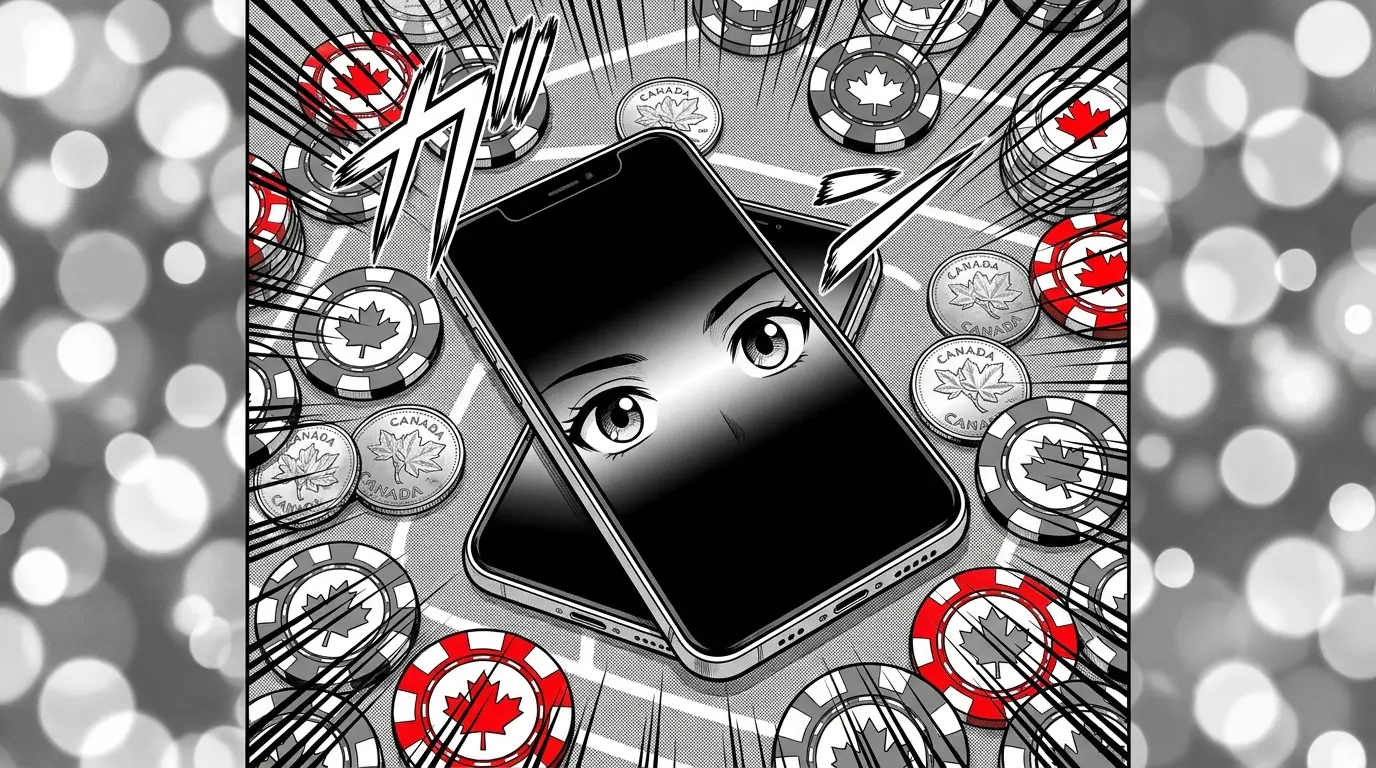 Smartphone with poker chips and Canadian maple leaf coins on felt