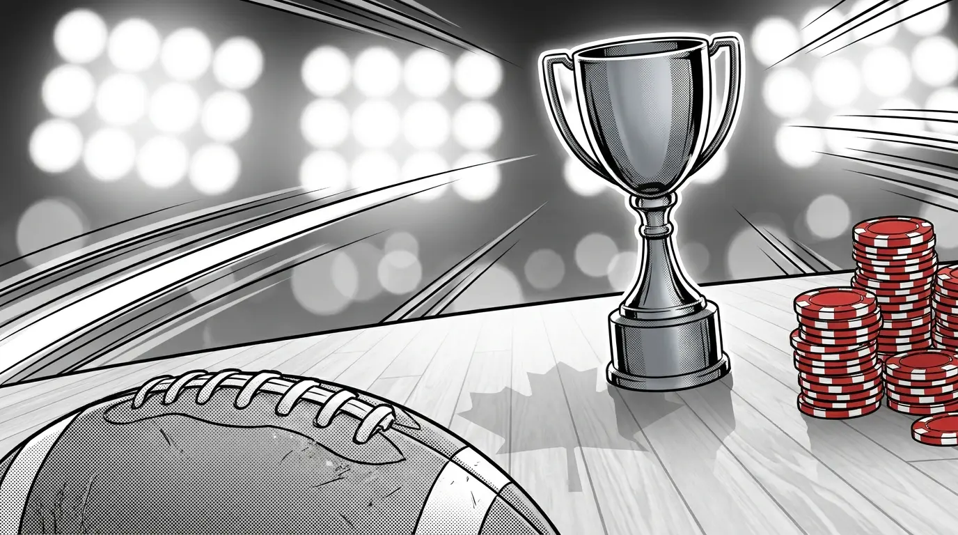 Grey Cup trophy with casino chips and football on Canadian wood
