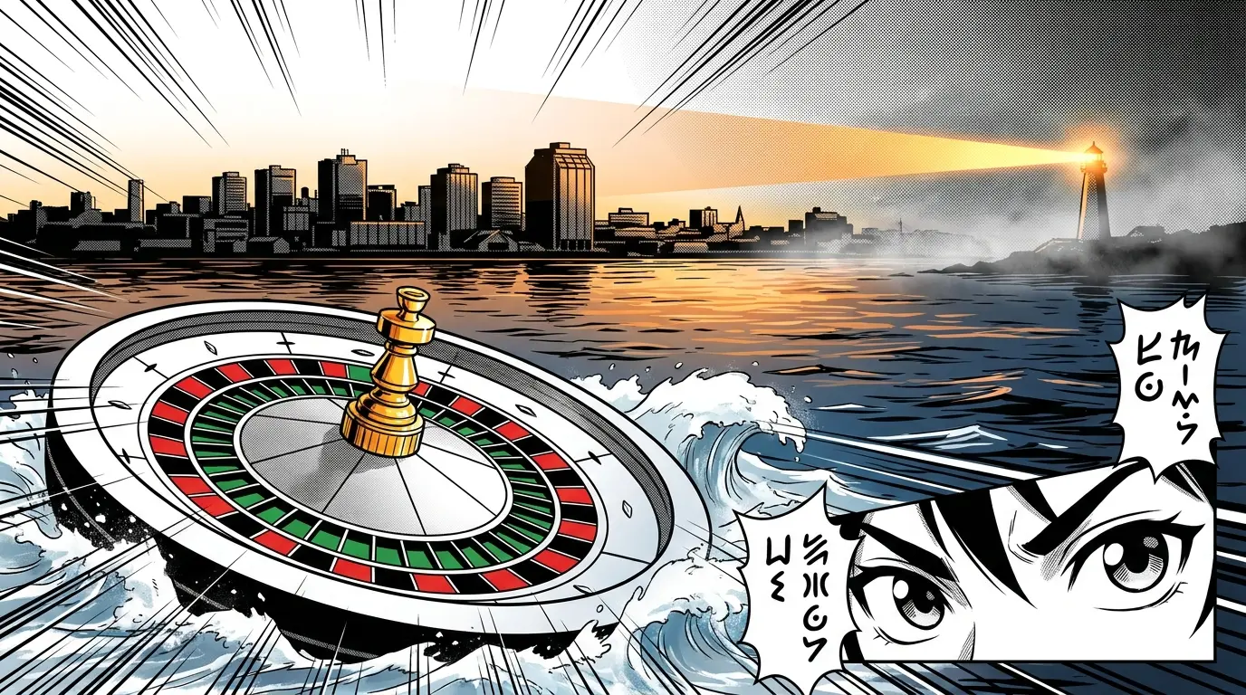 Halifax skyline with roulette wheel overlooking harbor at sunset