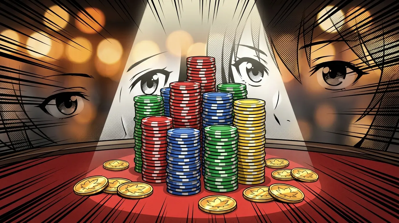 Casino poker chips and gold maple leaf coins on red felt table