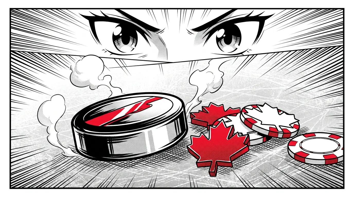 Hockey puck with Canadian-themed casino chips on ice under dramatic lighting