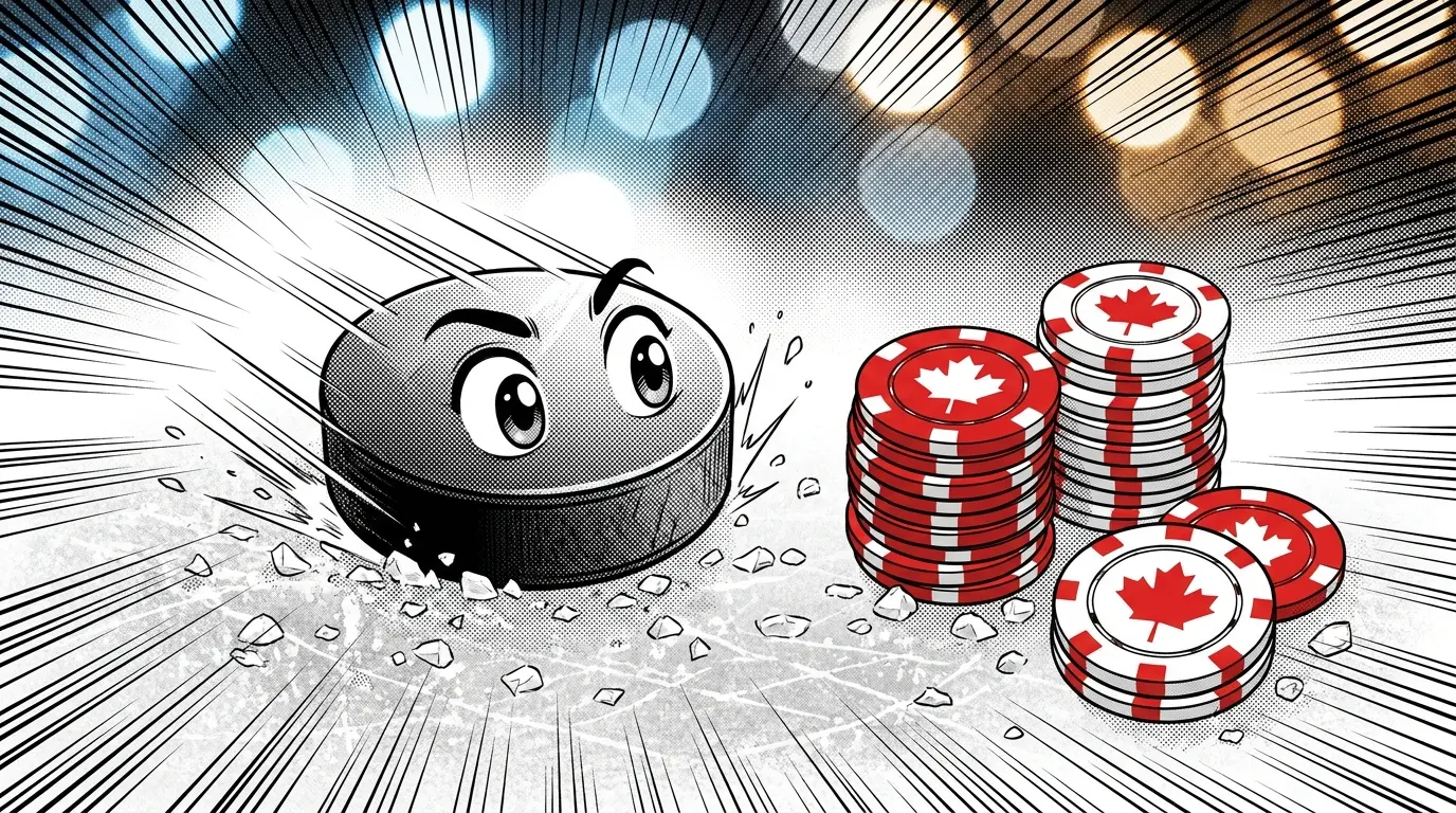 Hockey puck with casino chips on ice in Canadian colors