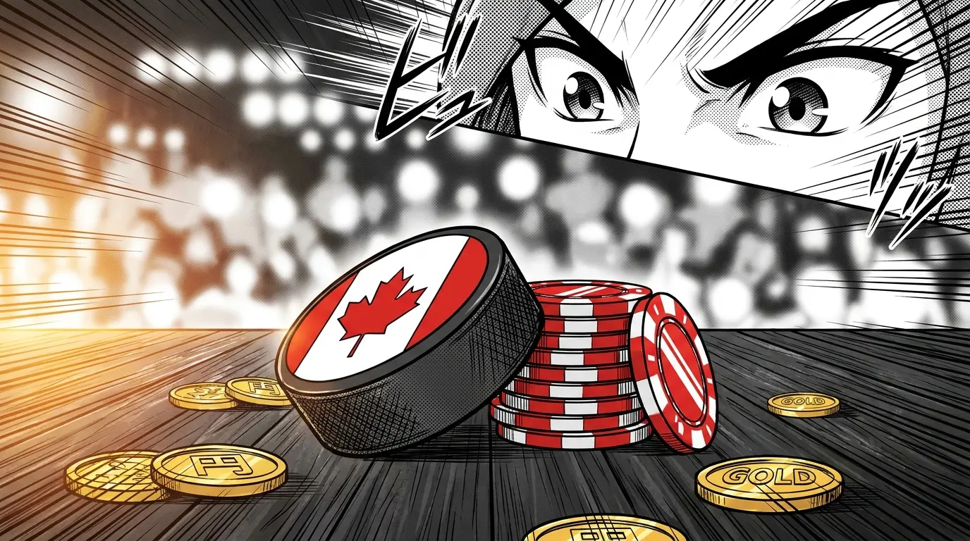 Hockey puck with casino chips in Canadian colors