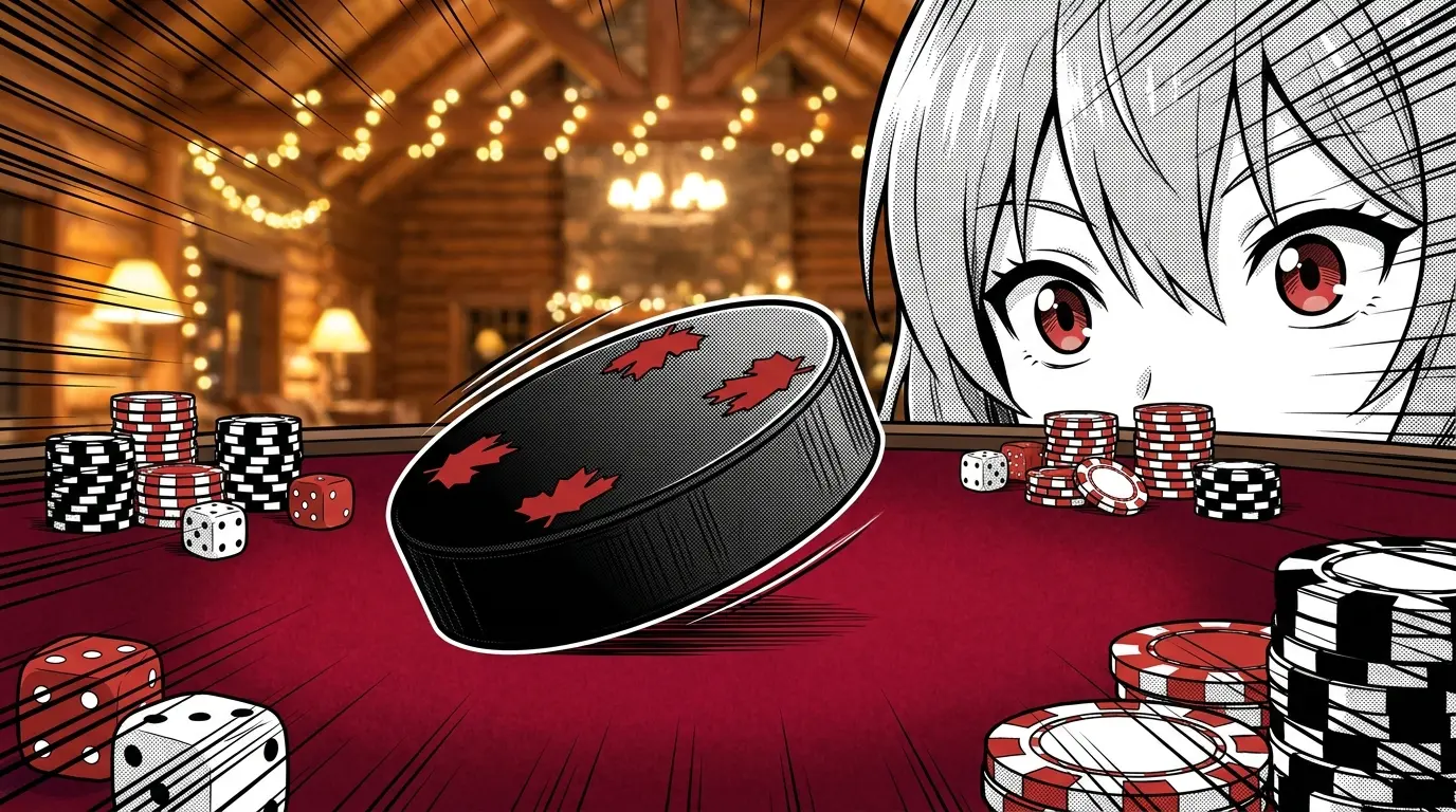 Hockey puck with poker chips and dice on red felt table