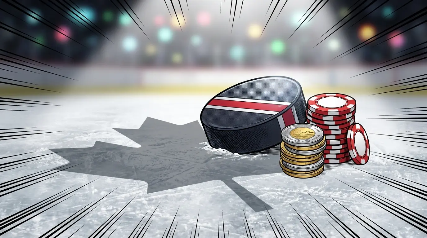 Hockey puck with Canadian coins and casino chips on ice surface