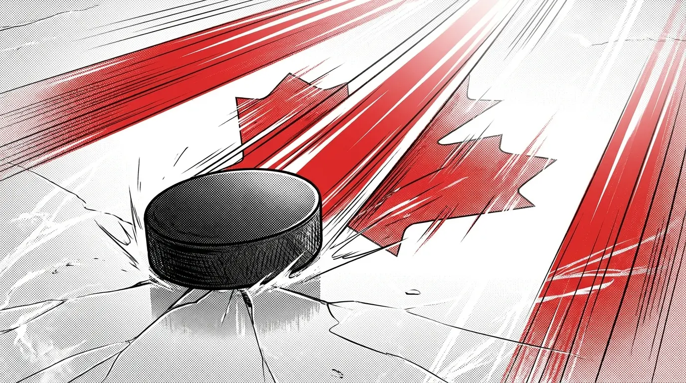Hockey puck on ice with Canadian red and white lighting