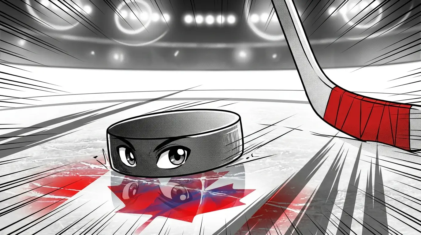 Hockey puck on ice with Canadian colors and arena lighting