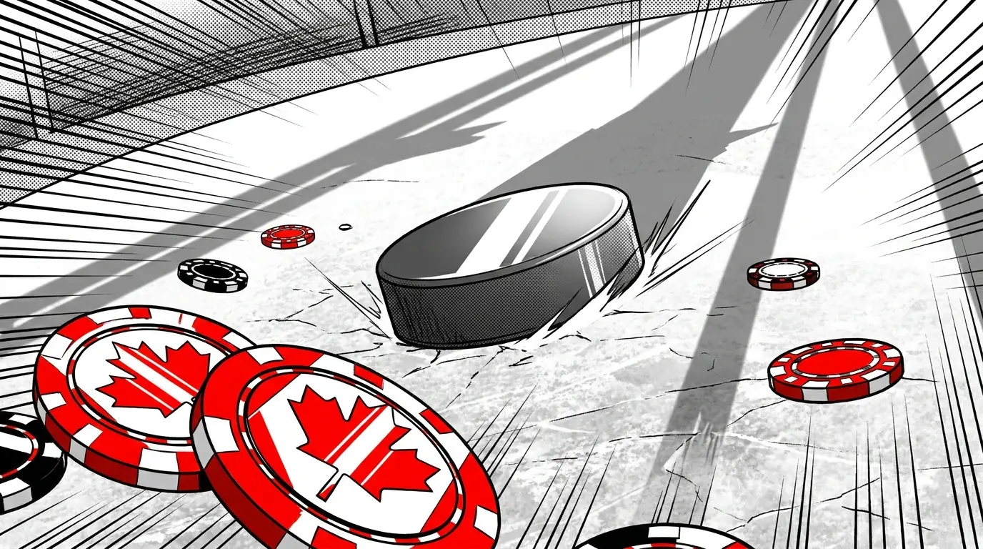 Hockey puck on ice surrounded by red and white casino chips