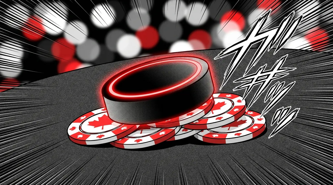 Hockey puck on casino chips with Canadian maple leaf colors