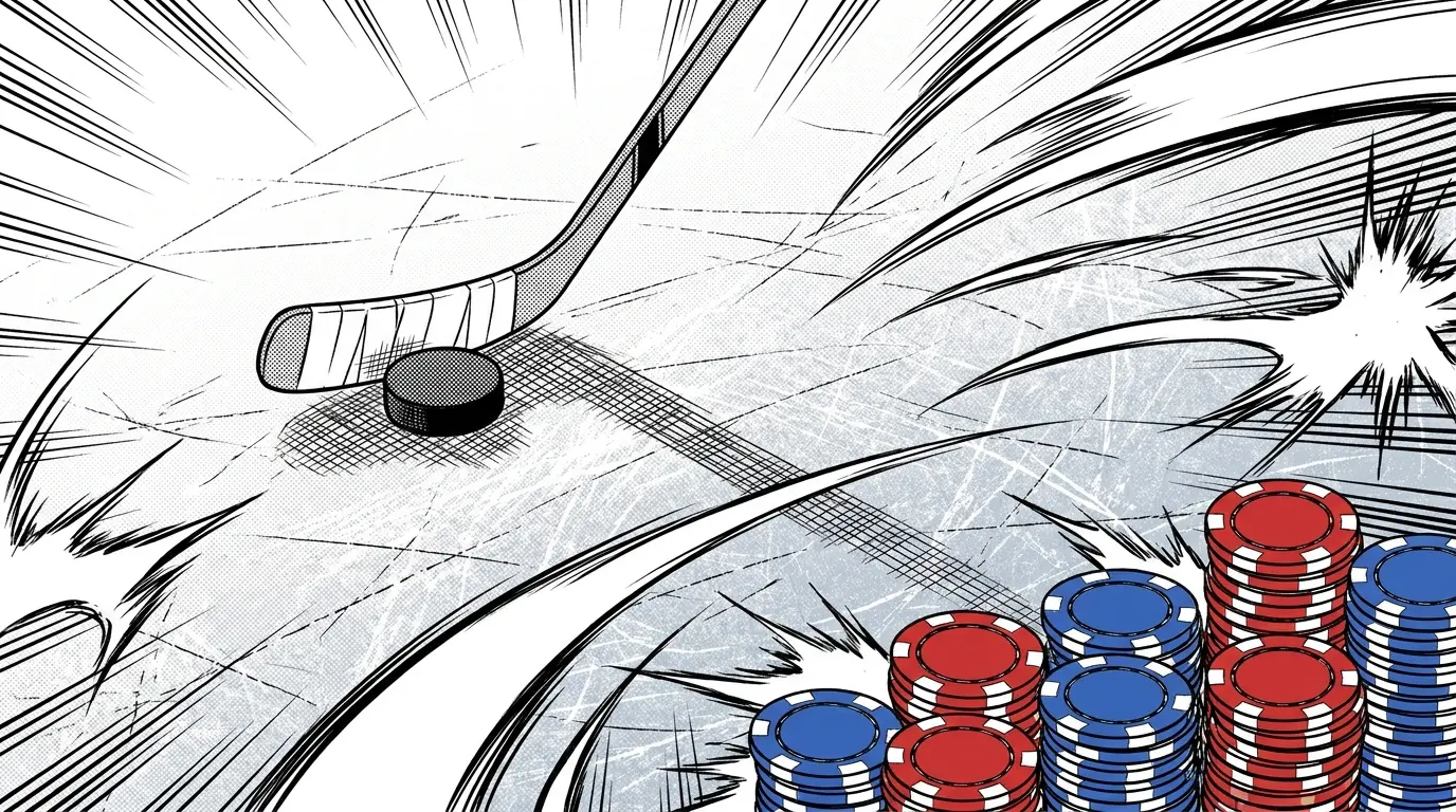 Overhead view of hockey equipment with betting chips on ice