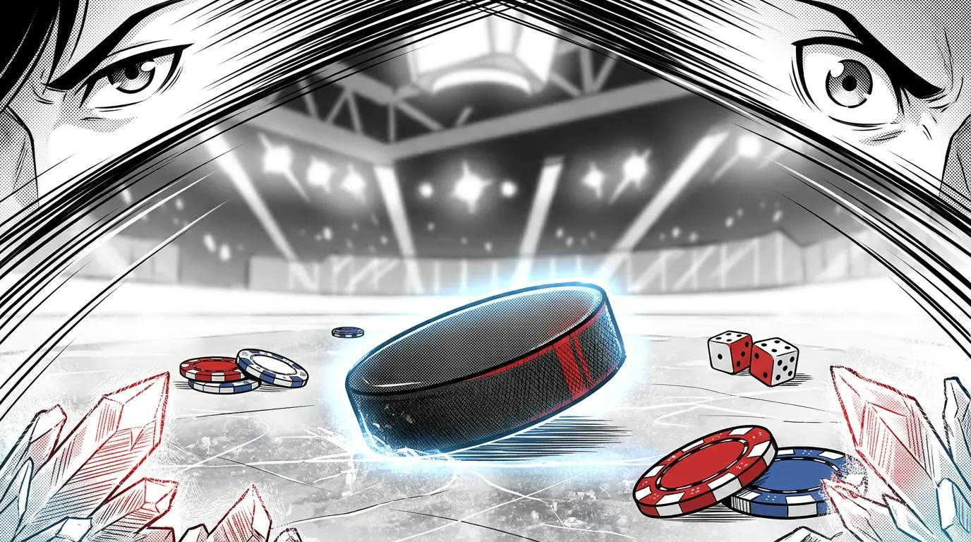 Hockey puck with casino chips on ice surface
