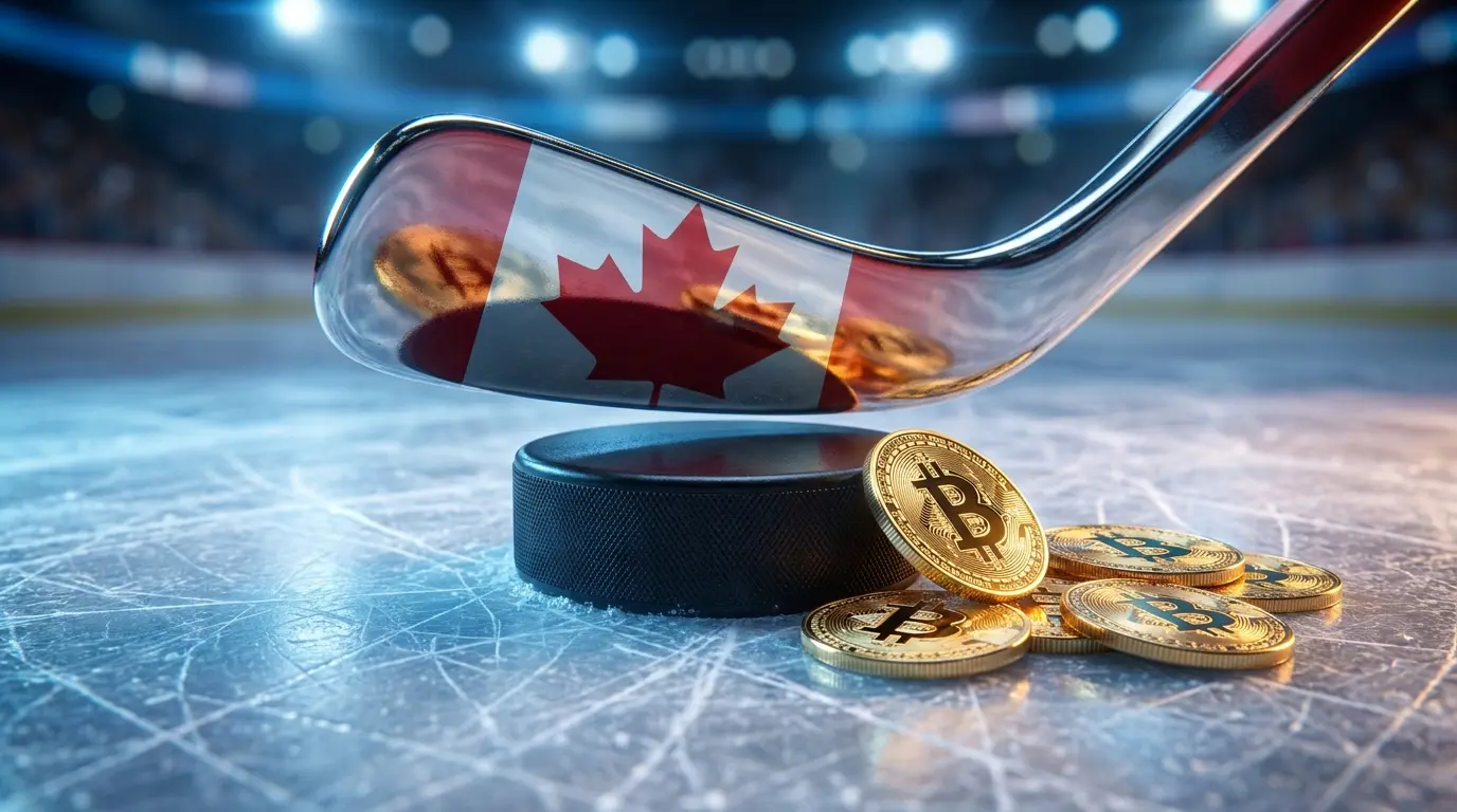 Hockey puck on ice with cryptocurrency coins in Canadian colors