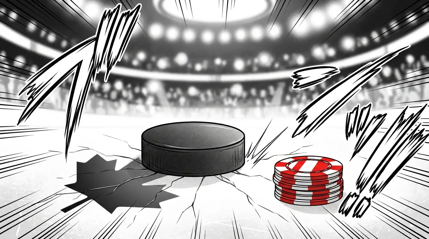 Hockey puck with maple leaf shadow and Canadian-colored poker chips