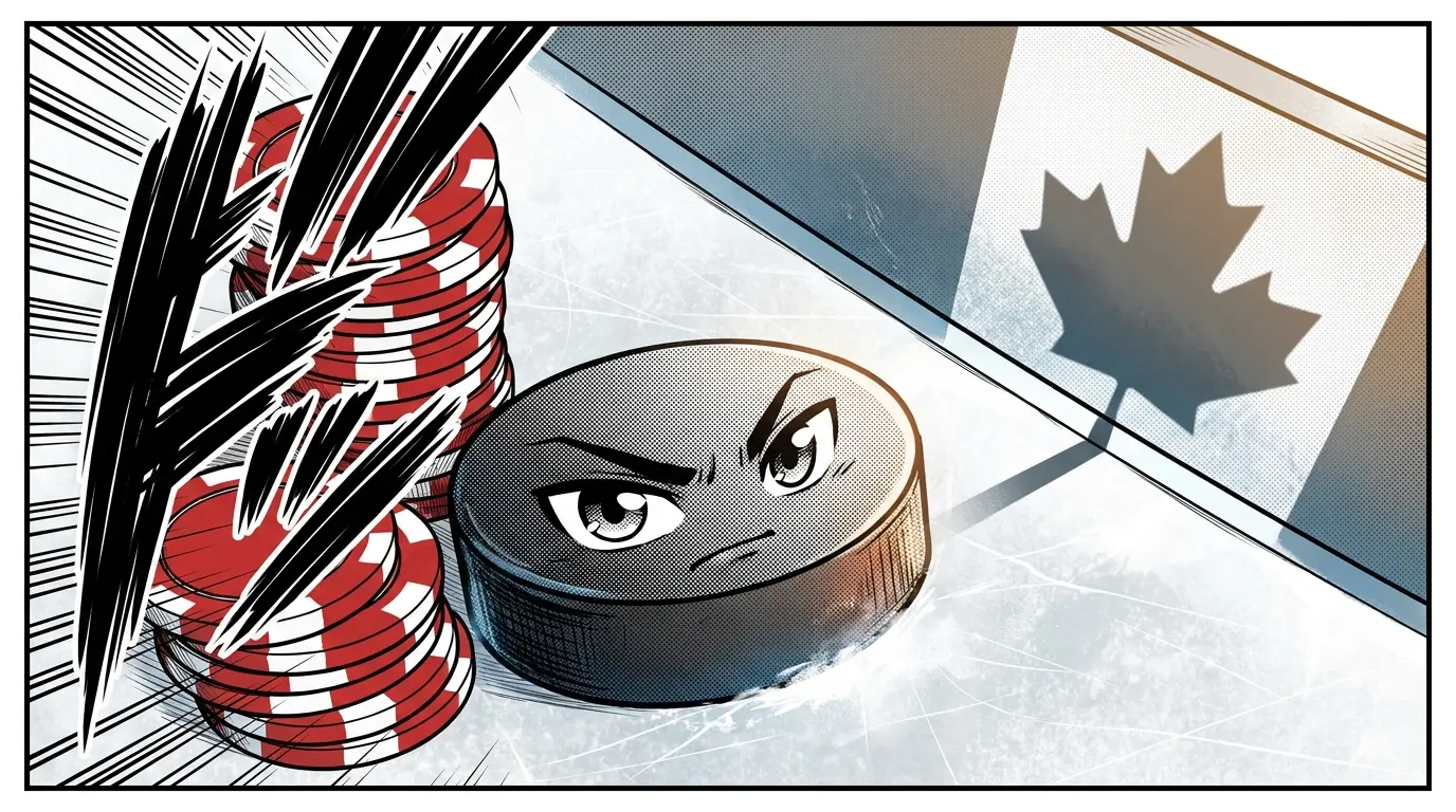 Hockey puck with poker chips in Canadian colors on ice