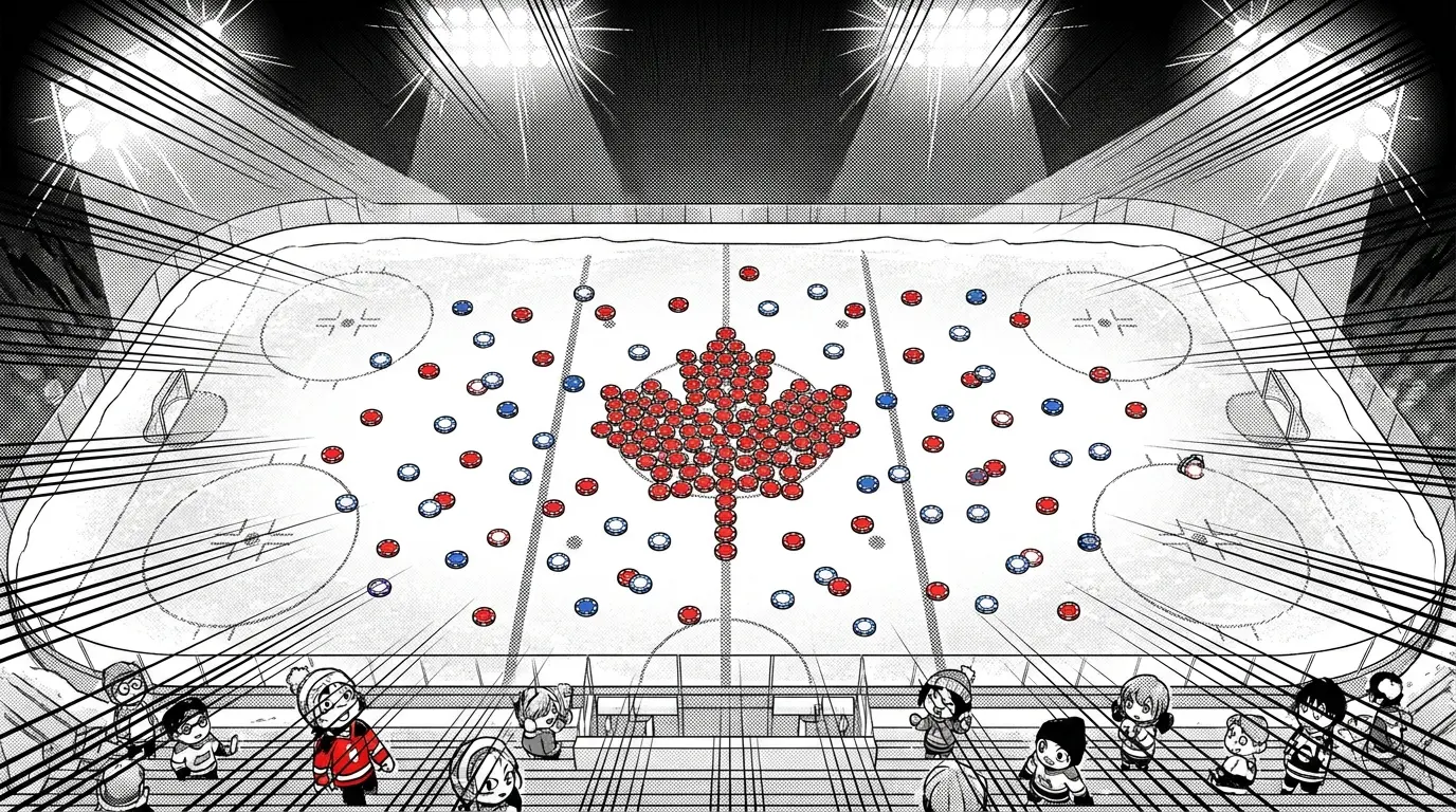 Hockey rink with poker chips arranged in Canadian theme