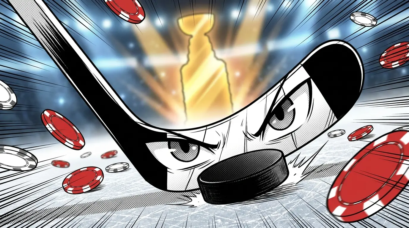 Hockey equipment with casino chips and trophy in arena setting
