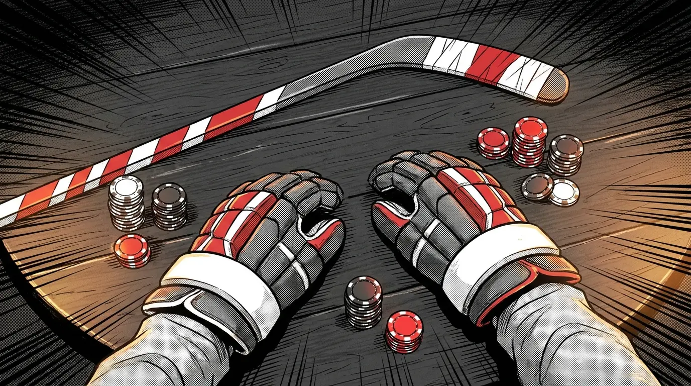 Hockey equipment and betting chips arranged on wooden surface