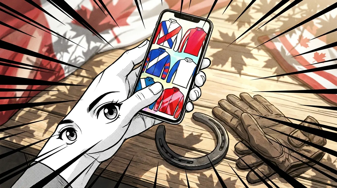 Horse racing app on phone with traditional racing equipment