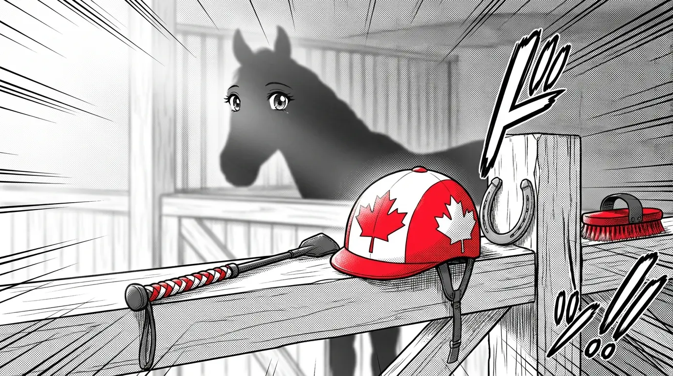 Horse racing equipment with Canadian themed colors in stable setting