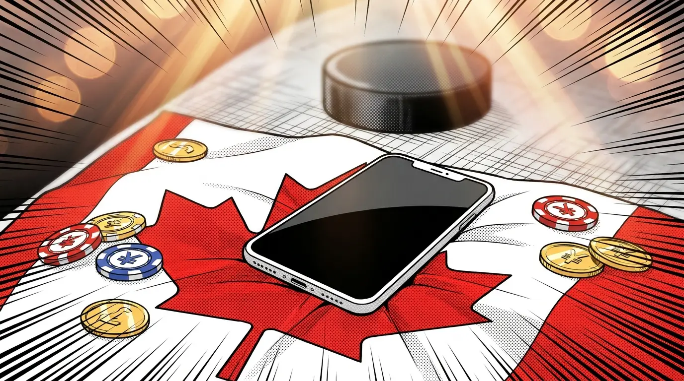 Smartphone on Canadian flag with casino chips and hockey puck