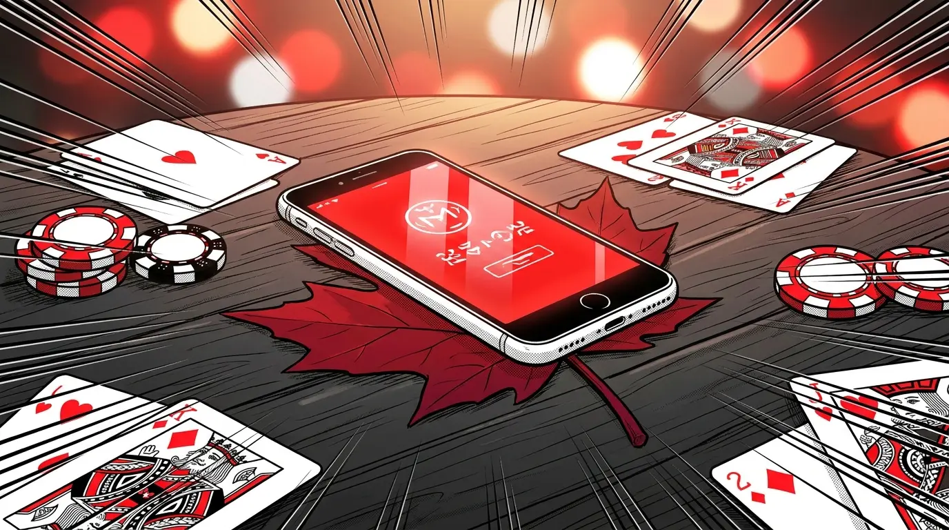 Smartphone with casino chips on Canadian maple leaf background