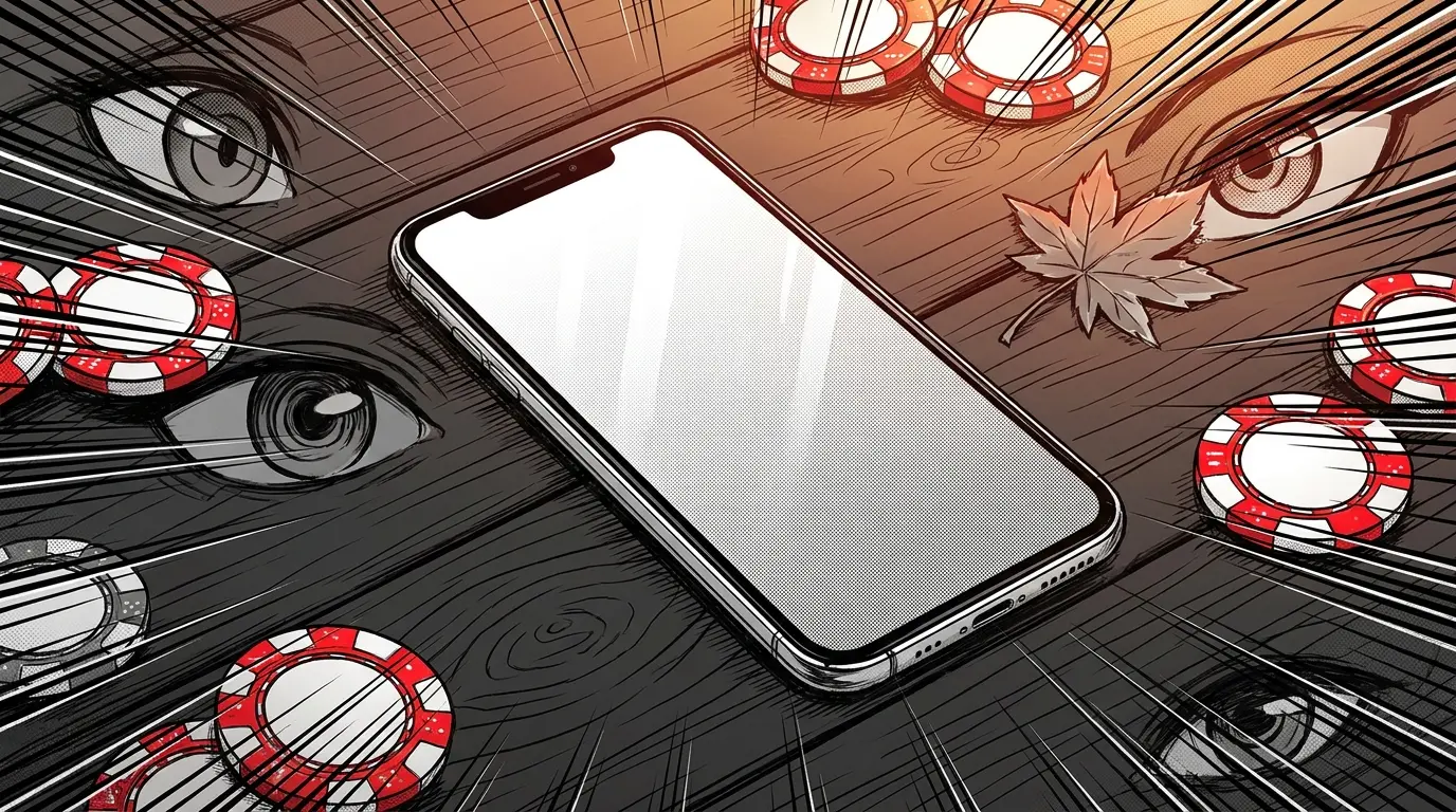 Smartphone with casino chips and Canadian maple leaf decoration