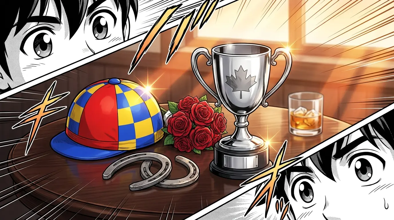 Racing silks, horseshoes, roses and trophy in warm lighting