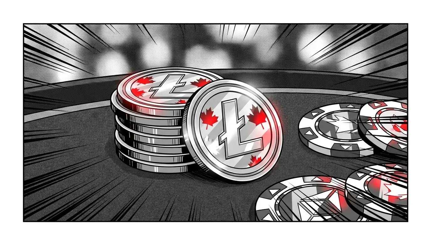 Litecoin coins and casino chips on felt with Canadian color accents