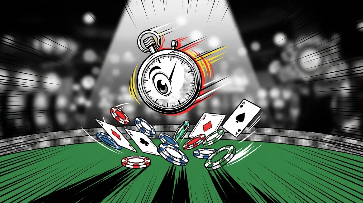 Stopwatch hovering over casino chips and cards showing live betting timing