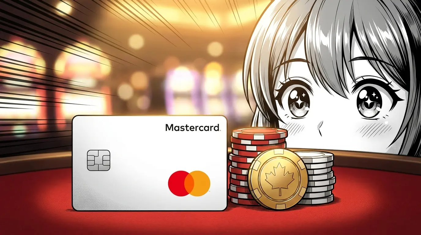 Mastercard on casino felt with poker chips and Canadian themed elements
