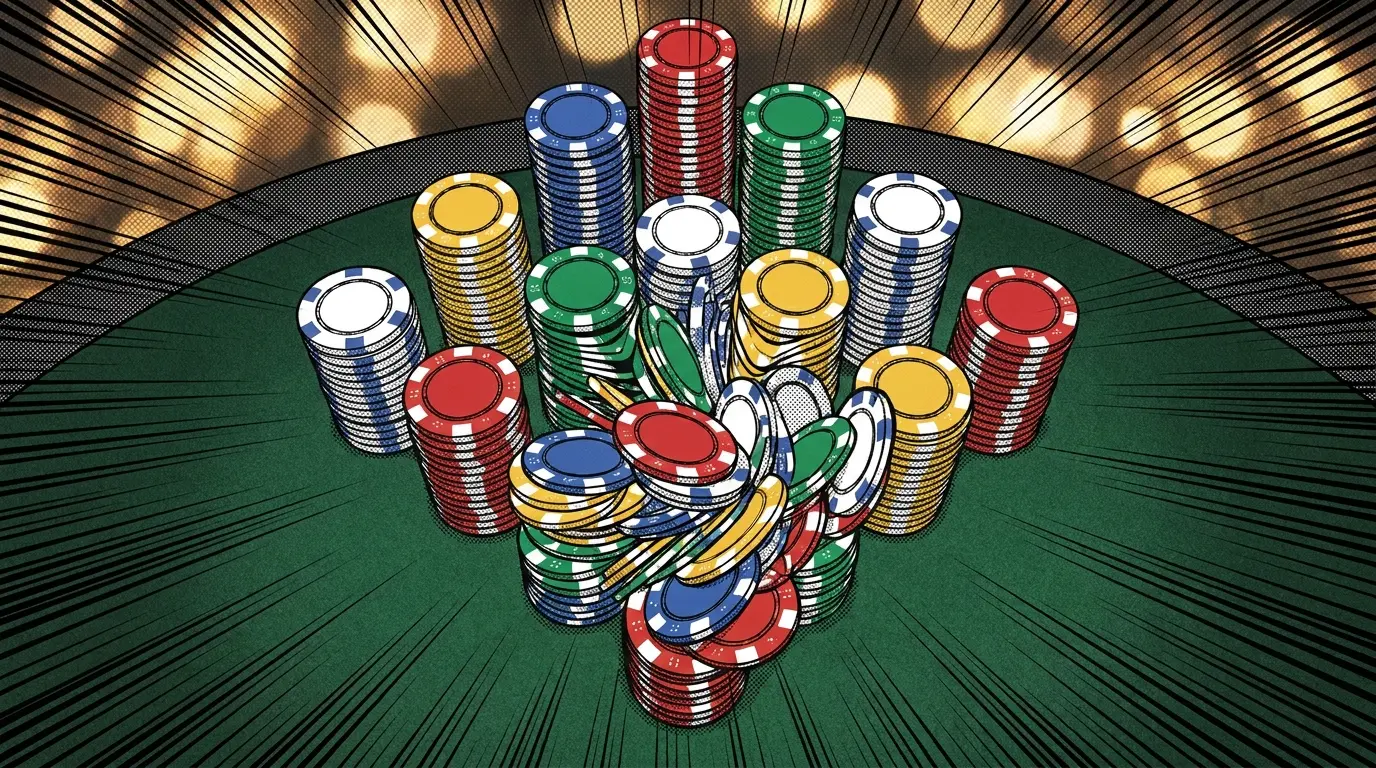 Stacked betting chips merging into one tower showing parlay combination