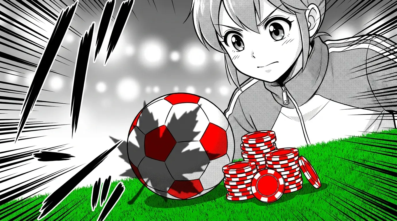 Soccer ball with casino chips and Canadian maple leaf shadow