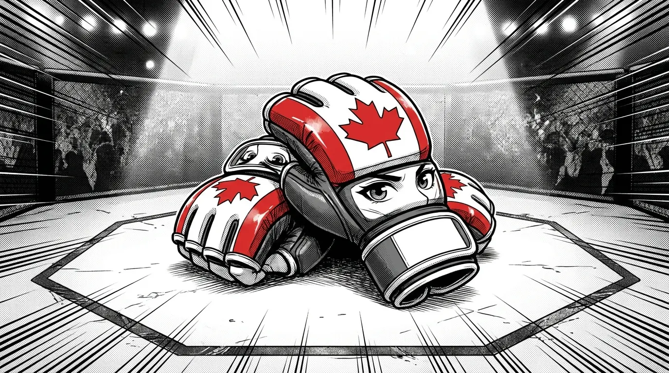 MMA gloves on octagon mat with Canadian-themed red and white lighting