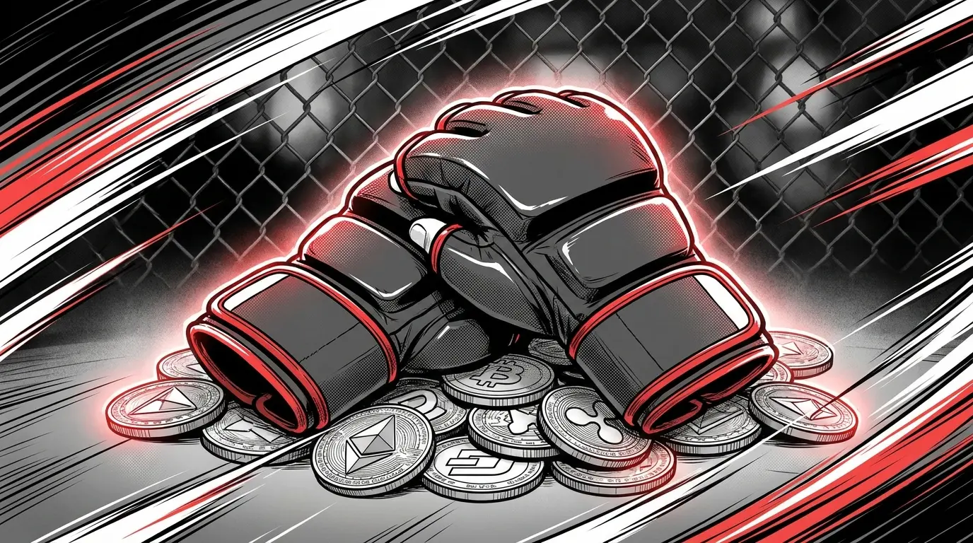 MMA gloves on cryptocurrency coins with Canadian color scheme