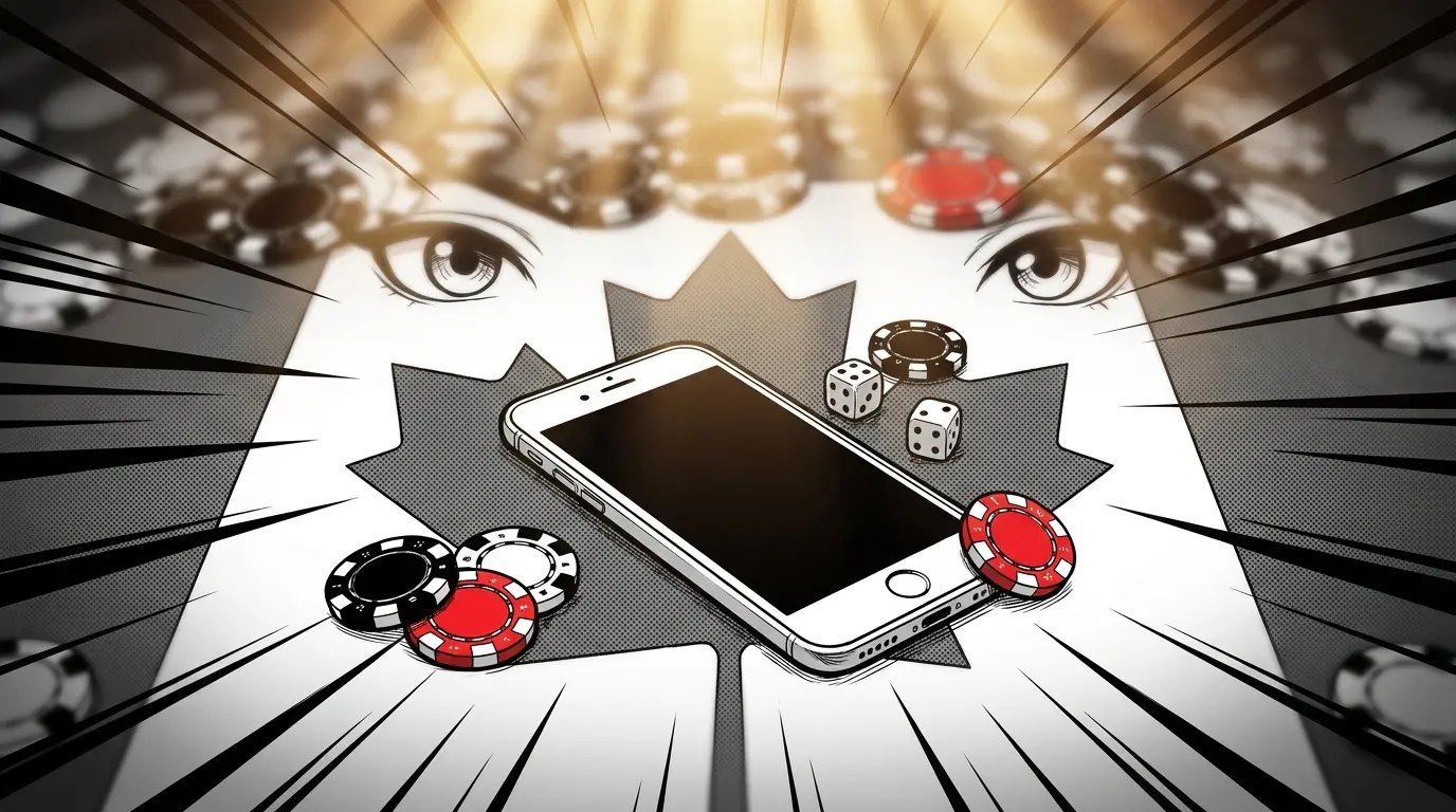 Mobile phone with casino elements on Canadian maple leaf background