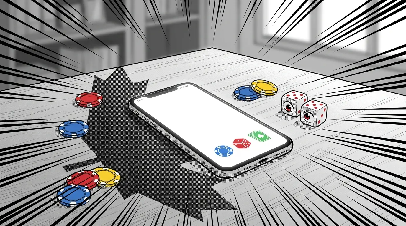 Smartphone surrounded by casino chips and dice with maple leaf shadow