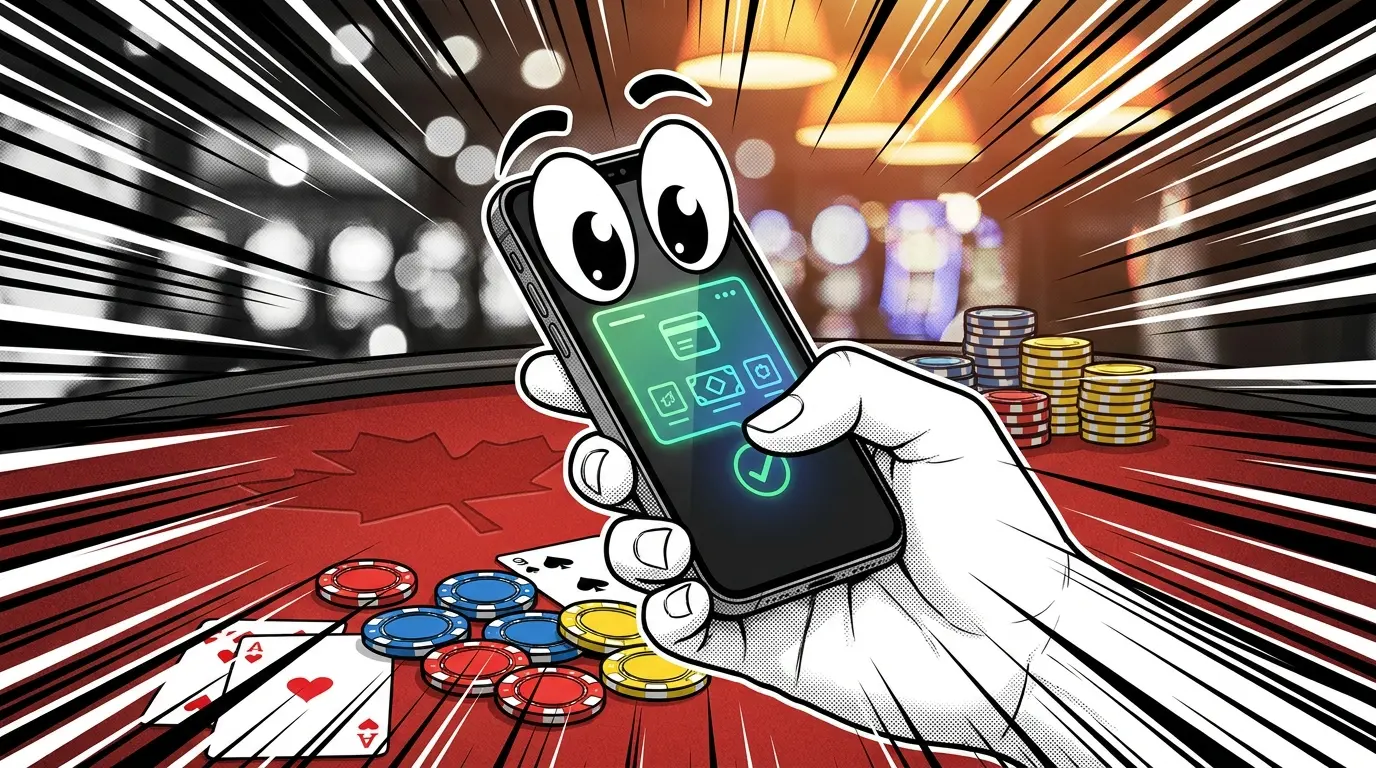 Mobile payment with casino chips on Canadian-themed table