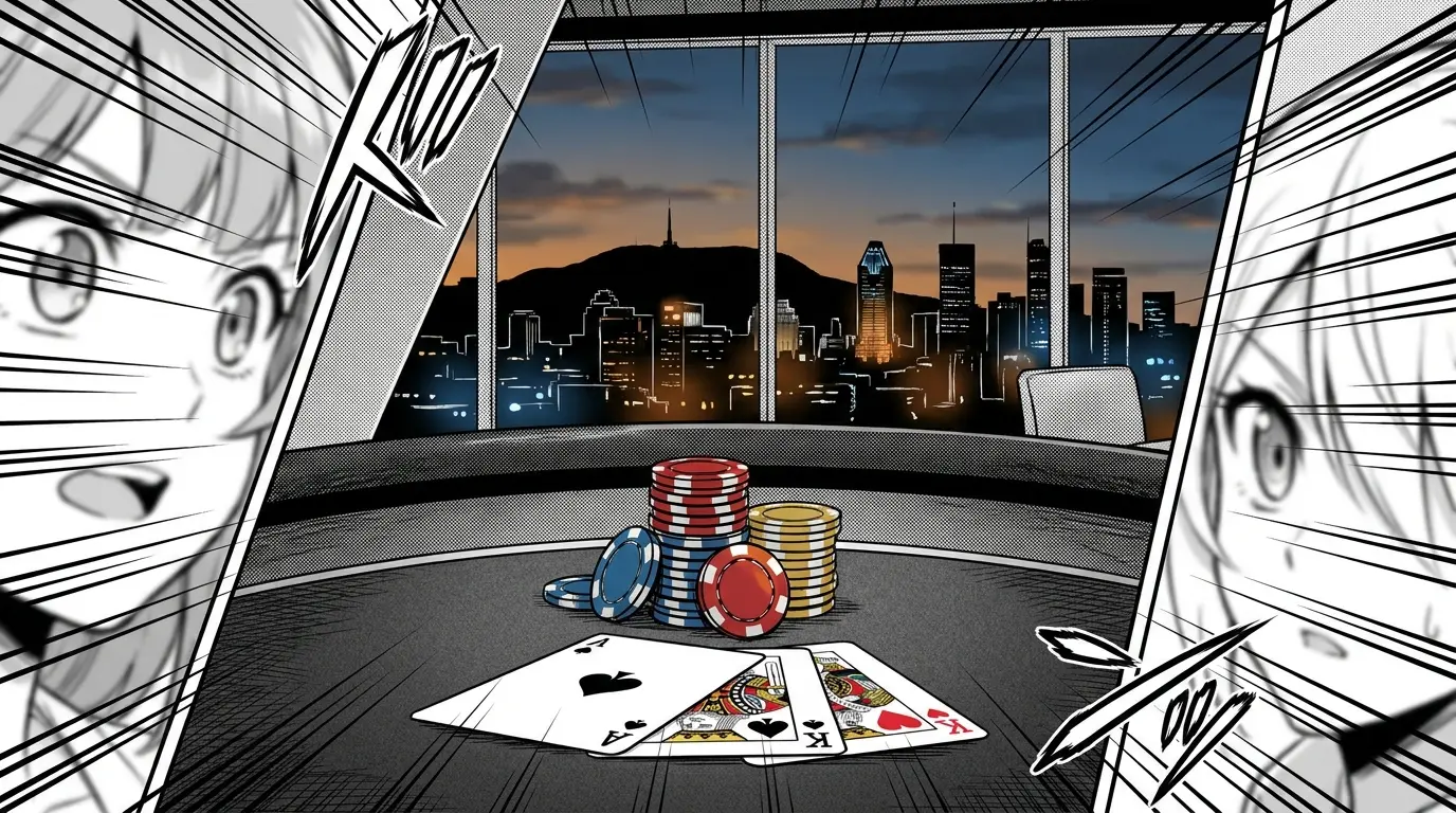 Casino chips and cards with Montreal skyline at dusk backdrop