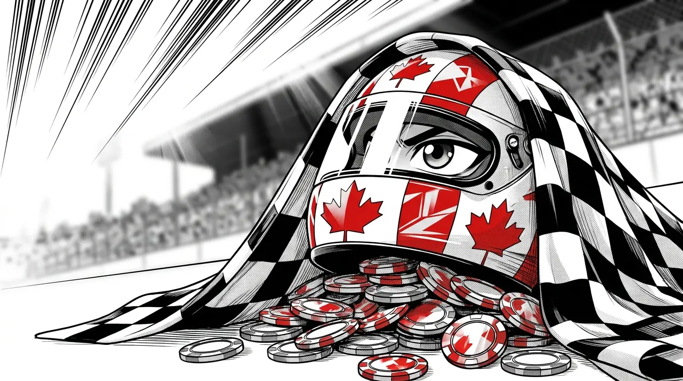 Racing helmet with poker chips and Canadian colors on race track