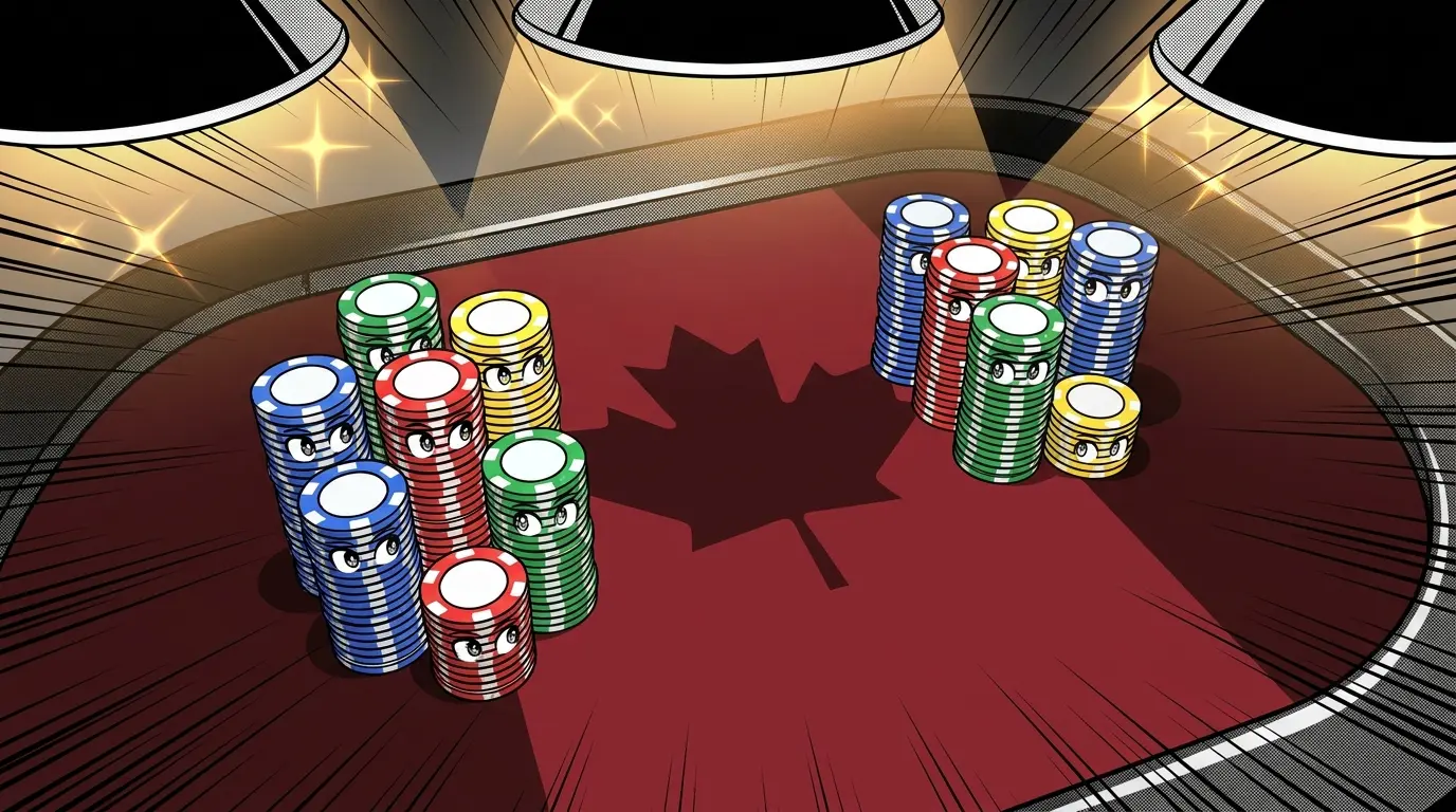 Multiple stacks of casino chips with Canadian maple leaf shadow