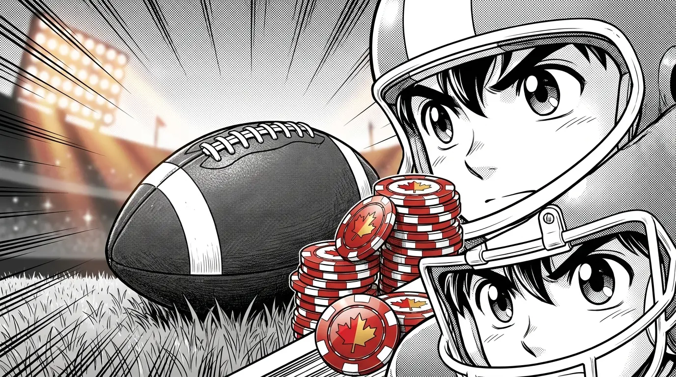 Football with casino chips in Canadian colors under stadium lights