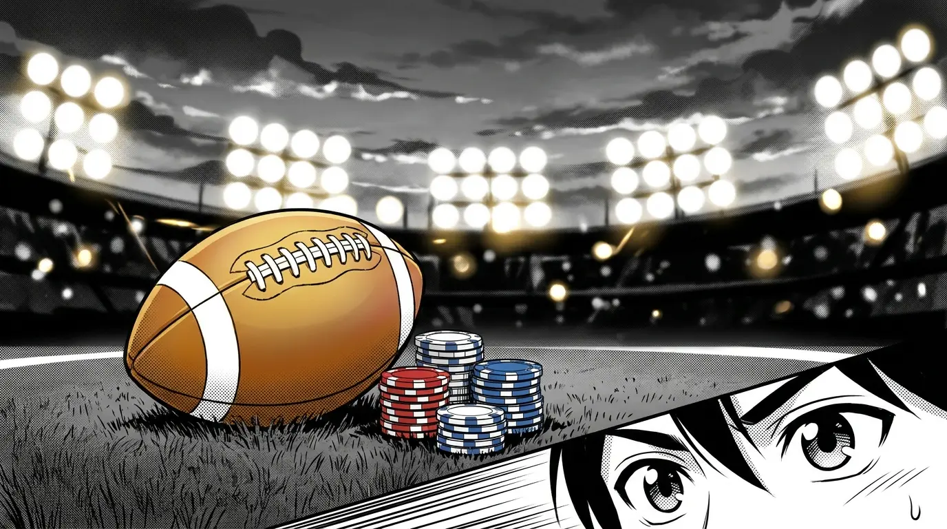Football and poker chips on field with stadium lights background