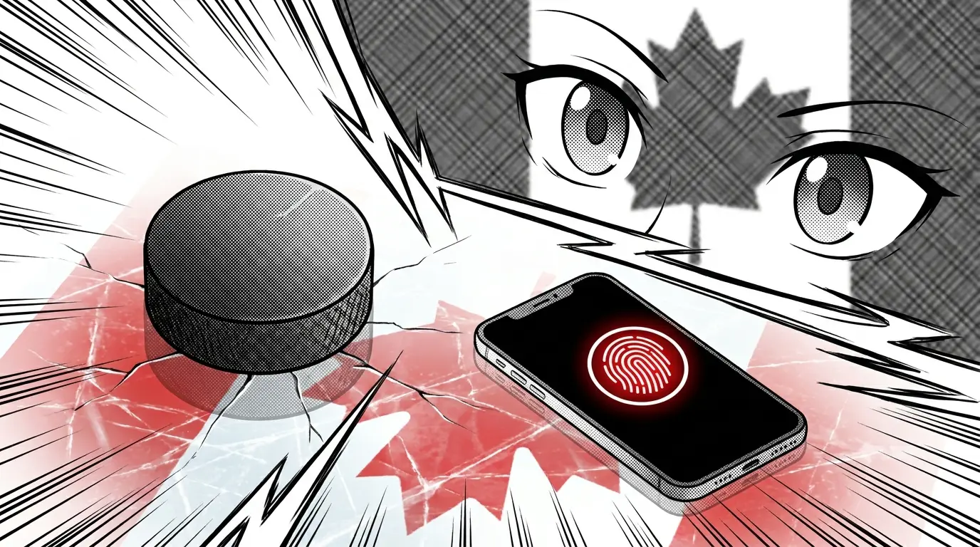Hockey puck and phone with fingerprint icon on ice surface