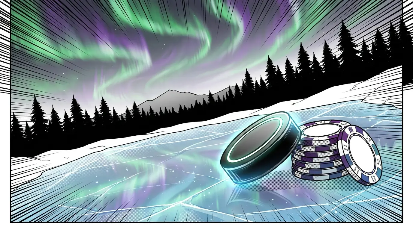 Casino chips and hockey puck with northern lights ambiance